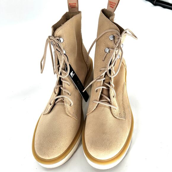 NWT Sorel Hi-Line Lace Up Chunky Heel Boots 7.5 Suede Tan Ankle Booties - Picture 8 of 9
